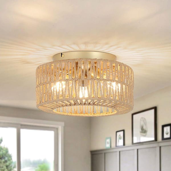 12.8 in. 3-Light Woven Rattan Semi-Flush Mount Ceiling Light with Hand-Woven Rattan Shade