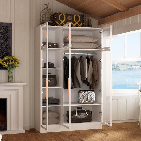 FUFU GAGA White Wood 47.2 in. W Glass Doors Armoires Metal Frame Wardwore with LED Lights Hanging Rod 74.8 in. H x 19.2 in. D KF020318 034 The Home Depot
