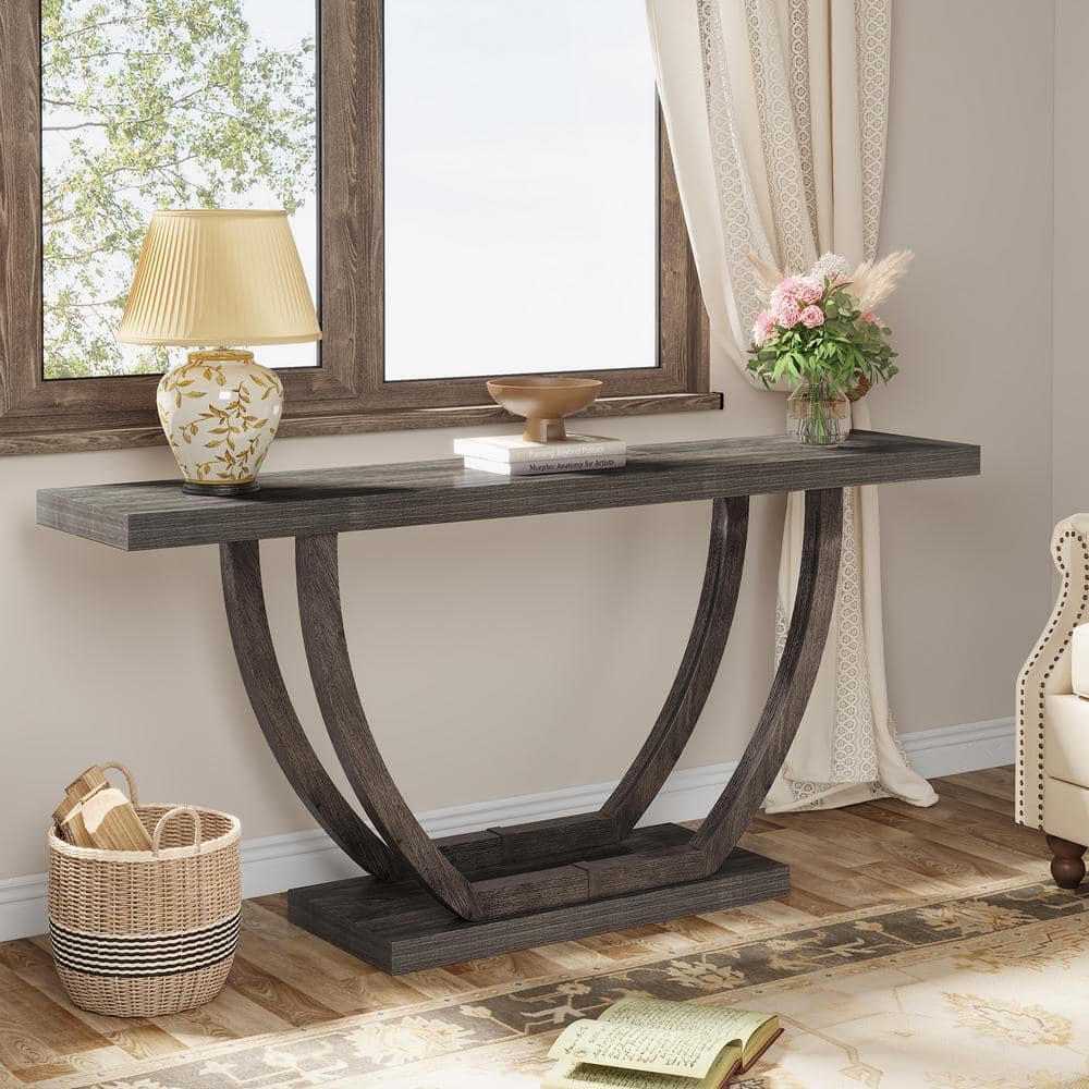 Gray 63-Inch Farmhouse Wood and Metal Console Table with Storage