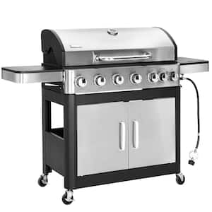 6-Burner Propane Gas Grill in Stainless Steel with Side Burner Hose and Regulator