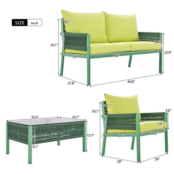 4-Piece Metal Frame Patio Conversation Set with Green Thick