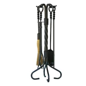 Old World Iron 5-Piece Fireplace Tool Set with Twist Base and Integrated Loop Handles