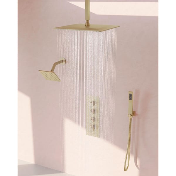 16 and 6 in. Thermostatic 7-Spray Ceiling Mount Dual Fixed and Handheld Shower Head 2.5 GPM in Brushed Gold with Valve