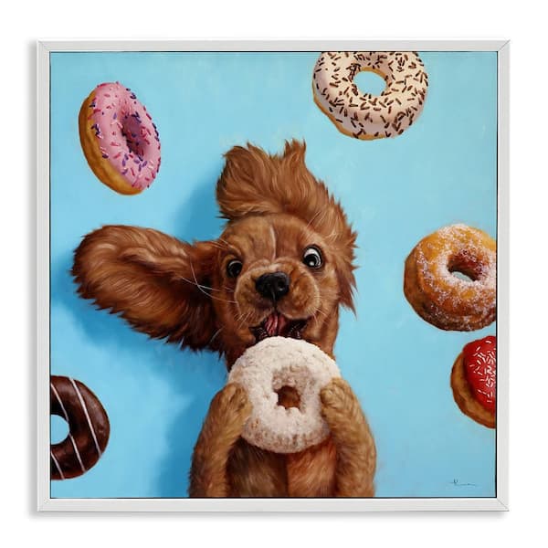Stupell Industries Funny Dog Licking Donut by Lucia Heffernan 1-Piece White Framed Animal Giclee Art Print 24 in. x 24 in.