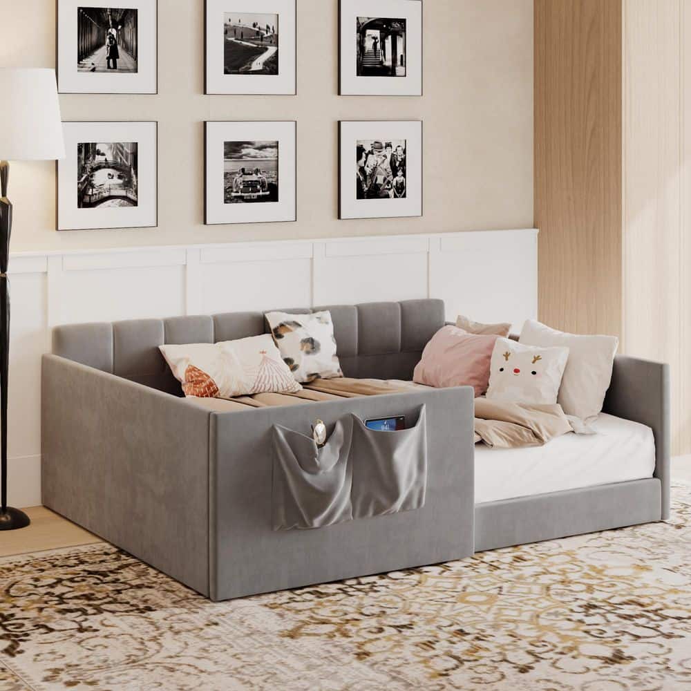 Noble House Roe Gray Full Size Velvet Upholstered Daybed with High Side ...