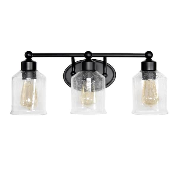Elegant Designs 22 in. Black Modern Timeless Decorative 3-Light Wall Mounted Vanity Fixture with Clear Speckled Glass Shades