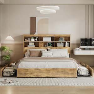 Queen Bed Frame with Storage Headboard, 4-Drawers, Charging Station and Heavy-Duty Metal Slats, Brown Platform Bed