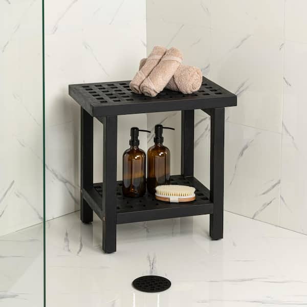 Armin 18.1 in. Modern Classic Grid Slat Solid Acacia Wood Indoor/Outdoor Shower Stool, Black