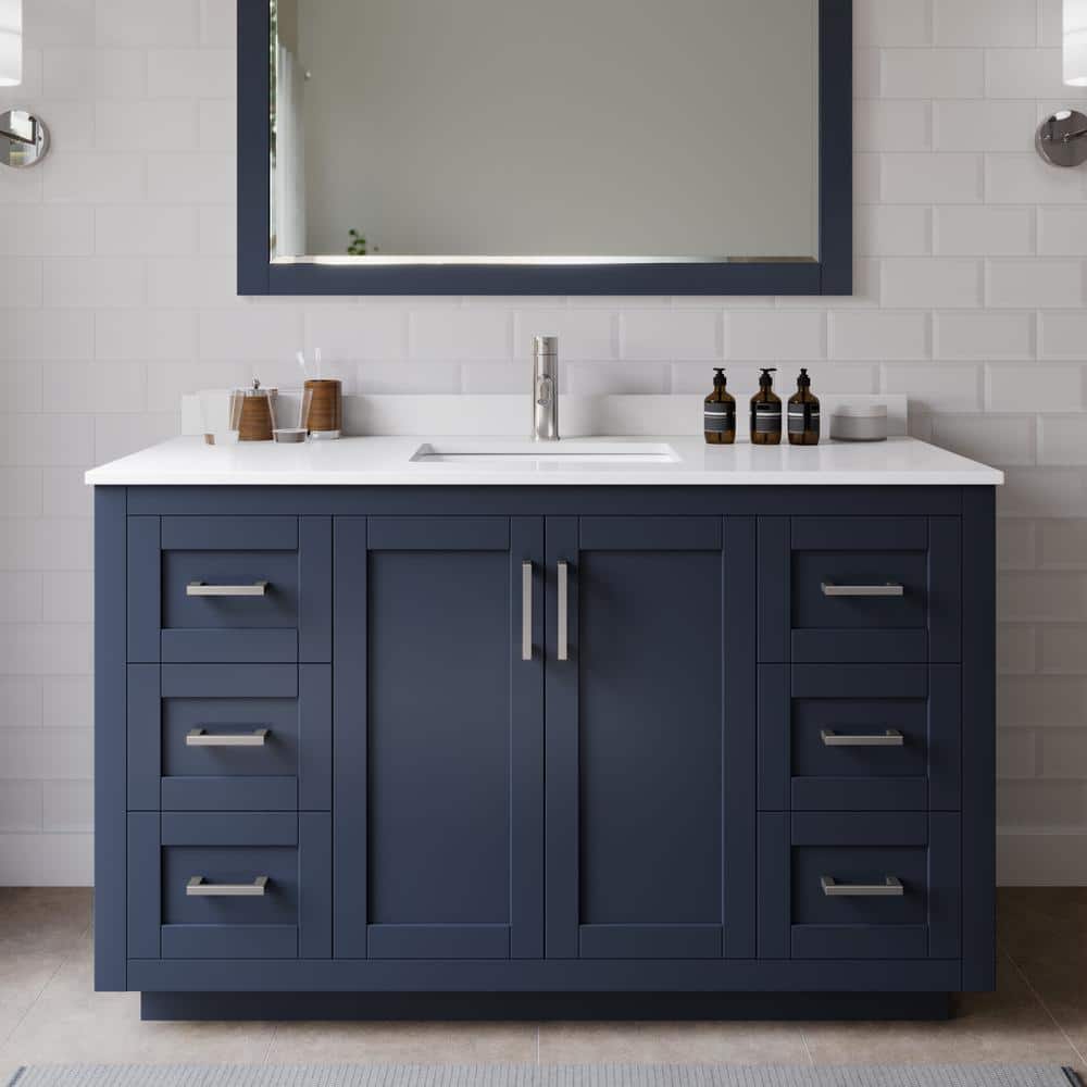 Miranda 54 in. W x 22 in. D x 33.75 in. H Single Sink Bath Vanity in Dark Blue with White Cultured Marble Top and Mirror price history on PriceWatchPro
