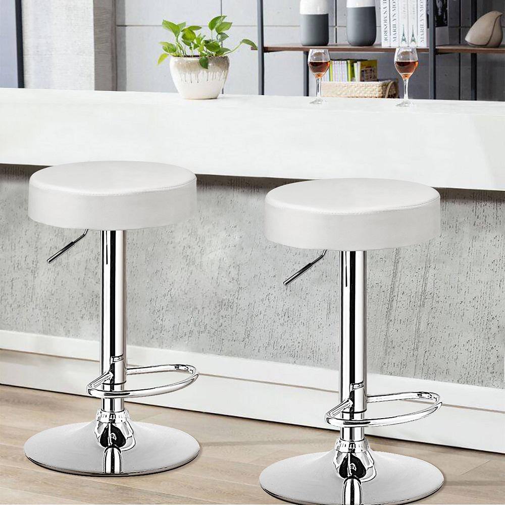 White Adjustable Swivel Backless Metal and Leather Bar Stool