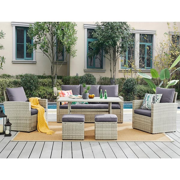 Barton 6-Piece Wicker Rattan Outdoor Patio Conversation Furniture Set with Coffee Table and Solid Cushion Chairs