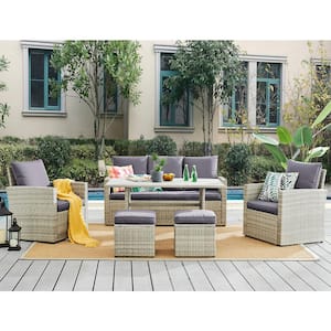 6-Piece Wicker Rattan Outdoor Patio Conversation Furniture Set with Coffee Table and Solid Cushion Chairs