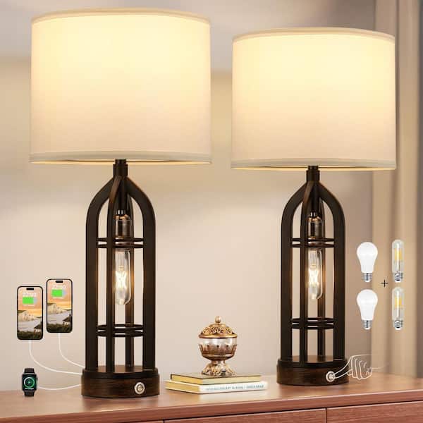 24.7 in. Black Contemporary Rechargeable LED Farmhouse Table with  Fabric Shade and USB Port