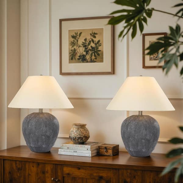 21.65 in. Dark Gray Ceramic Table Lamp Set and with White Fabric Bell Shade (Set of 2)