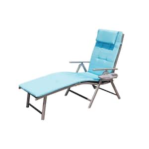 Gray Metal Outdoor Folding Chaise Lounge Chair with Blue Cushion and Pillow