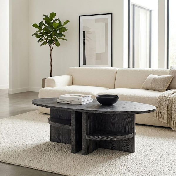 53 in. Gray Oval MDF Coffee Table with Shelving