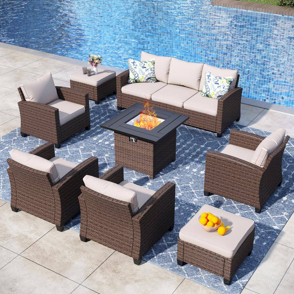 Brown Rattan Wicker 8-Piece Steel Outdoor Patio Conversation Set with Beige Cushions, Square Fire Pit Table price history on PriceWatchPro