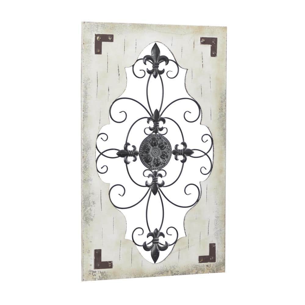Cream and Black Weathered Wood Scroll Wall Sculpture