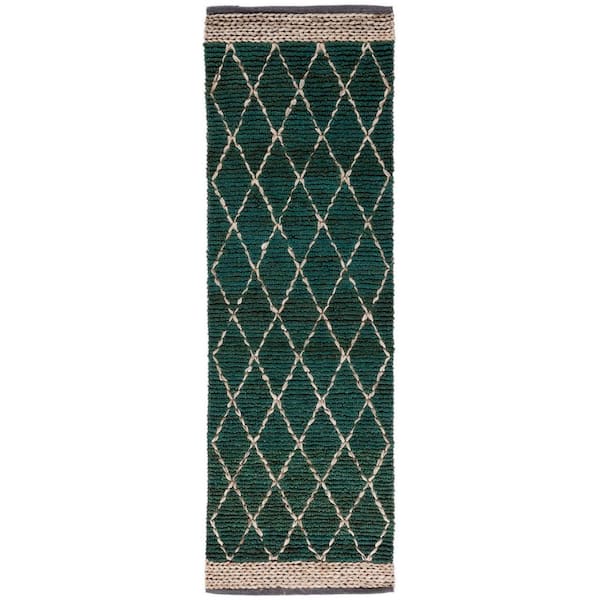SAFAVIEH Natural Fiber Dark Green/Beige 3 ft. x 8 ft. Border Multi-Diamond Runner Rug
