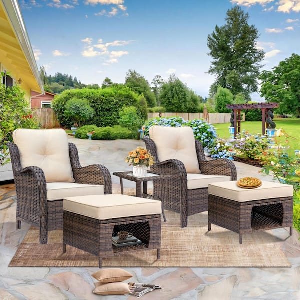 kuurfuurdo Brown 5-Piece Wicker Outdoor Armrest Chairs Patio Conversation Set with Ottomans Side Table Beige Cushions