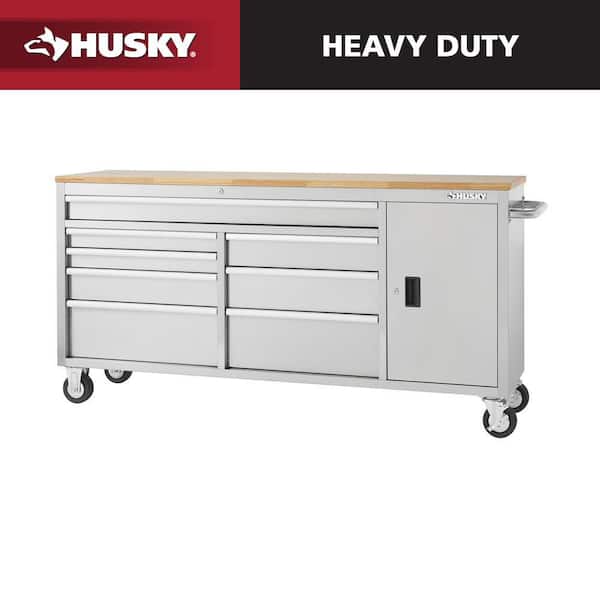 72 in. W x 18 in. D Heavy Duty 8-Drawer 1-Door Mobile Workbench Tool Chest with Solid Wood Top in Stainless Steel