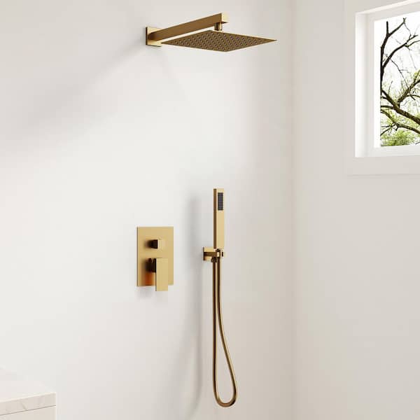 Pressure Balance Single Handle 2-Spray Wall Mount 10 in. Tub and Shower Faucet 2.5 GPM in. Brushed Gold Valve Included