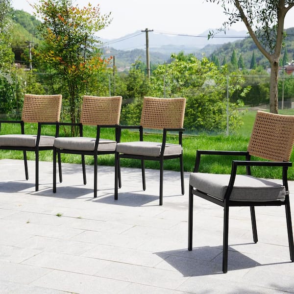 Outdoor Dining Chair, Stackable Wicker Chairs Set with Cushions and Armrest，Set of 4