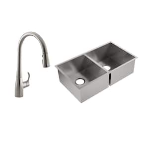 Lyric Undermount Stainless Steel 32 in. Double Bowl Kitchen Sink with Simplice Kitchen Faucet