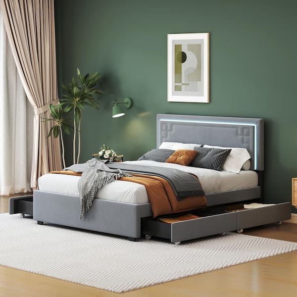 Harper & Bright Designs Gray Wood Frame Queen Size Velvet Upholstered Platform Bed with 4-Drawer, LED Headboard with Nailhead Trim