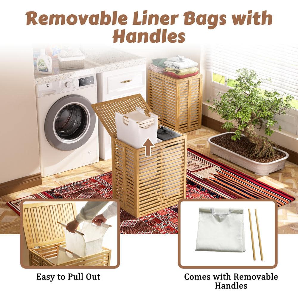 Natural Bamboo 2-Section Collapsible Laundry Hamper with Lid