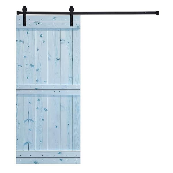 AIOPOP HOME Mid-Bar Series 24 in. x 84 in. Light Blue Stained Knotty Pine Wood DIY Sliding Barn Door with Hardware Kit
