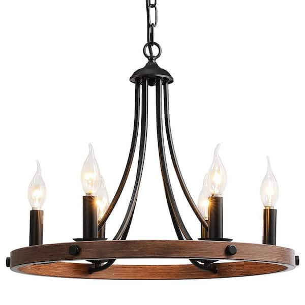 PAUMAN 6-Light Black and Red Bronze Wagon Wheel Rustic Chandelier