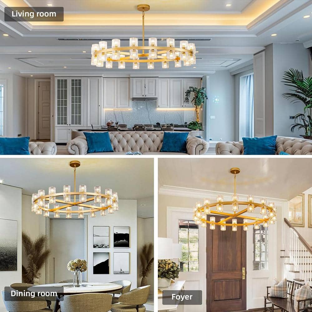 36-Light Gold Round Crystal Chandelier with LED Bulbs