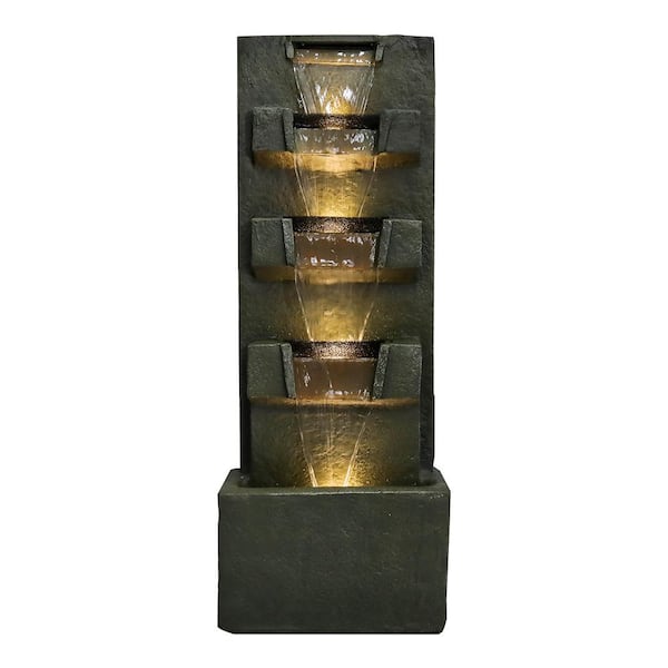 Siavonce 39.3 in. H Concrete Modern Water Fountain with LED Lights for Home Garden Backyard Decor