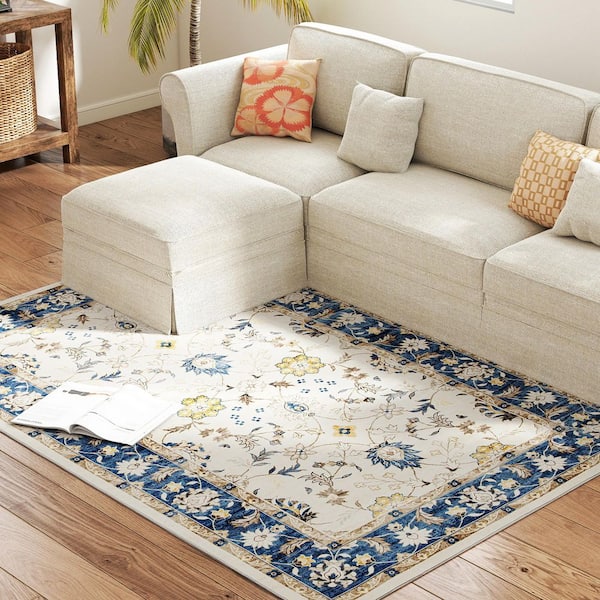 Non-Slip Boho Floor Cover Foldable Carpet 4 x 6 ft. Blue Floral Washable Area Rug Runner Rug