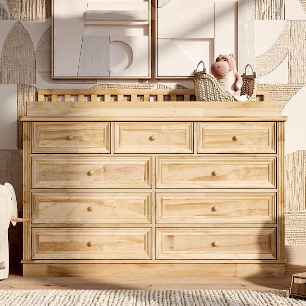 Natural 9-Drawer 55.1 in. W 100% Solid Pine Wood Bedroom Dresser Nursery Changing Table with Ample Storage, Removable