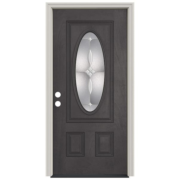 JELD-WEN Smooth Pro 36 in. x 80 in. 2 Panel Left Hand Oval Lite Oakdale Earl Gray Fiberglass Prehung Front Door