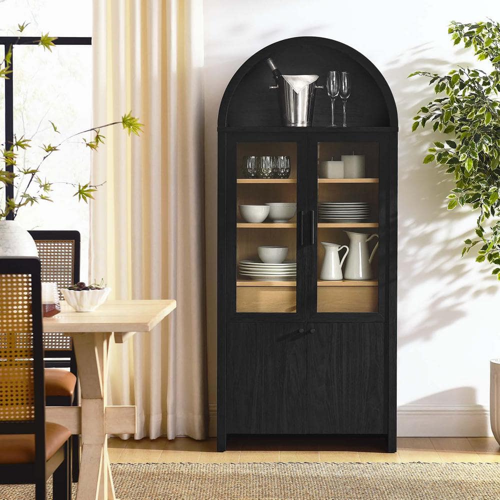 Evie Arched Black Oak Tall Display Cabinet with Glass Doors
