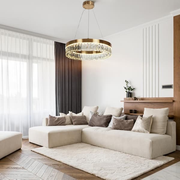 Glam Modern 1-Light Plating Brass Round Integrated LED Chandeliers with Crystal Accent for Living Room