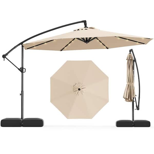 10 ft. Metal Cantilever Solar Tilt Offset Hanging Umbrella Patio Umbrella with 32 LED Lights in Beige