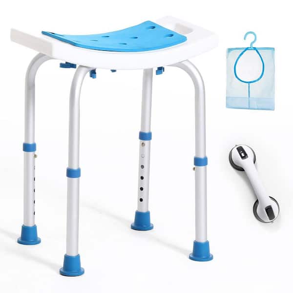 Aluminum Shower Stool in Blue and White with Assist Grab Bar and Toiletry Bag, Shower Chair Shower Seat for Seniors