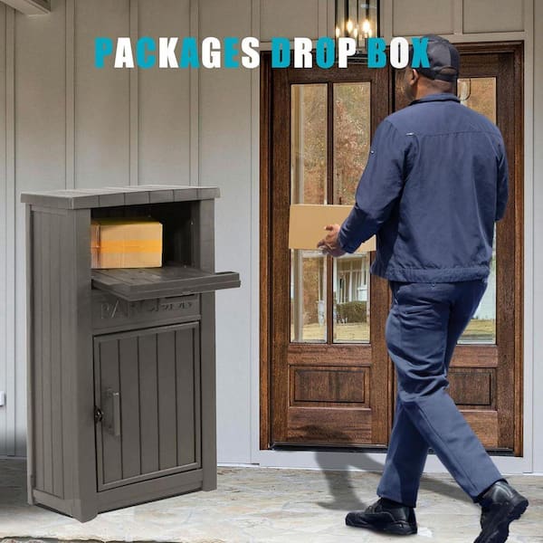 60 Gal. Gray Resin Lockable Deck Box for Outside, Anti-Theft Waterproof Parcel Drop Boxes Outdoor Package Delivery