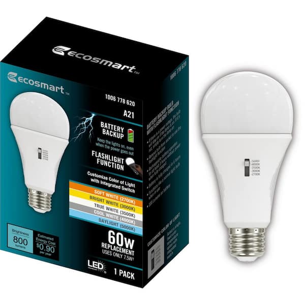 EcoSmart 60-Watt Equivalent A21 Dimmable CEC Battery Backup LED Light Bulb with Selectable 5 Color Temperature (1-Pack)