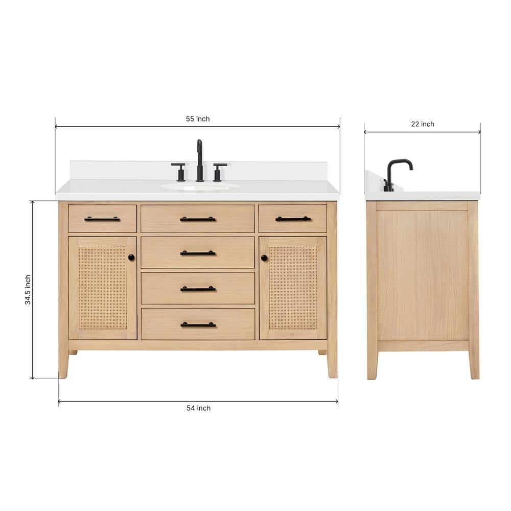 Camila 55" Light Brown Wood Single Sink Vanity with White Quartz Top