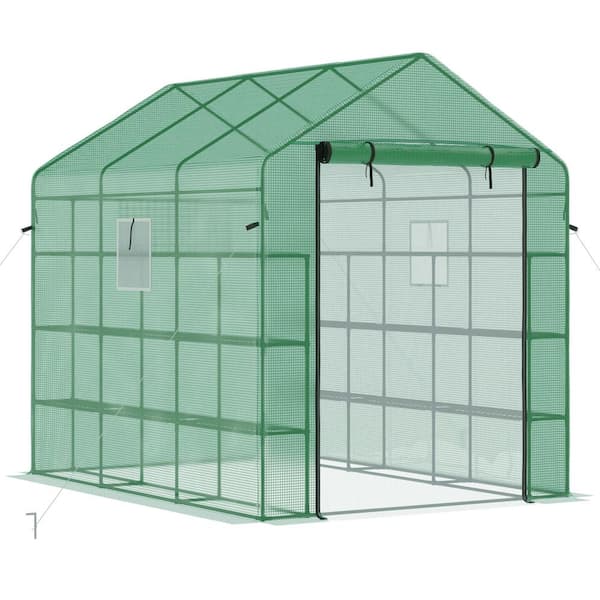 Outsunny 8 ft. x 6 ft. x 7 ft. Walk-in Greenhouse with Mesh Door and Windows, 18-Shelf Hot House, Green