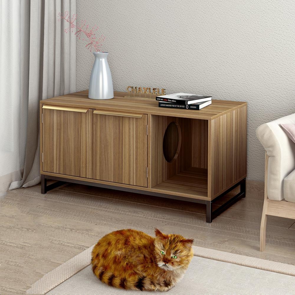 Magic Home 35.44 in. Walnut Cat House TV Stand Cabinet Bed 