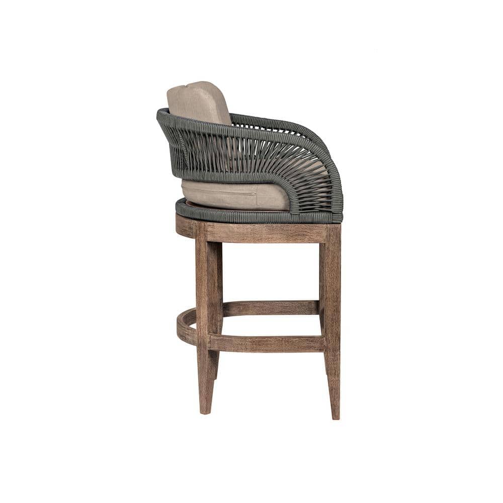 26" Weathered Eucalyptus Outdoor Counter Stool with Gray Rope and Taupe Cushions