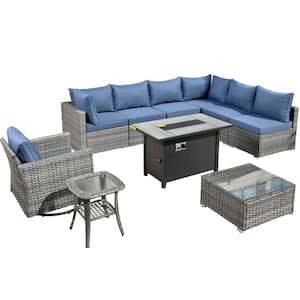 Messi Gray 10-Piece Wicker Outdoor Patio Conversation Sectional Sofa Set with a Metal Fire Pit and Denim Blue Cushions