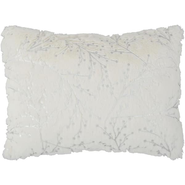 Mina Victory Faux Fur Ivory and Silver Floral 20 in. x 14 in. Rectangle Throw Pillow