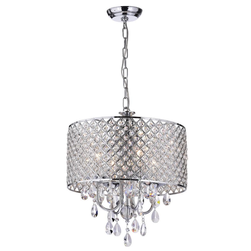 Chrome and Crystal 4-Light Drum Chandelier with Beaded Shade